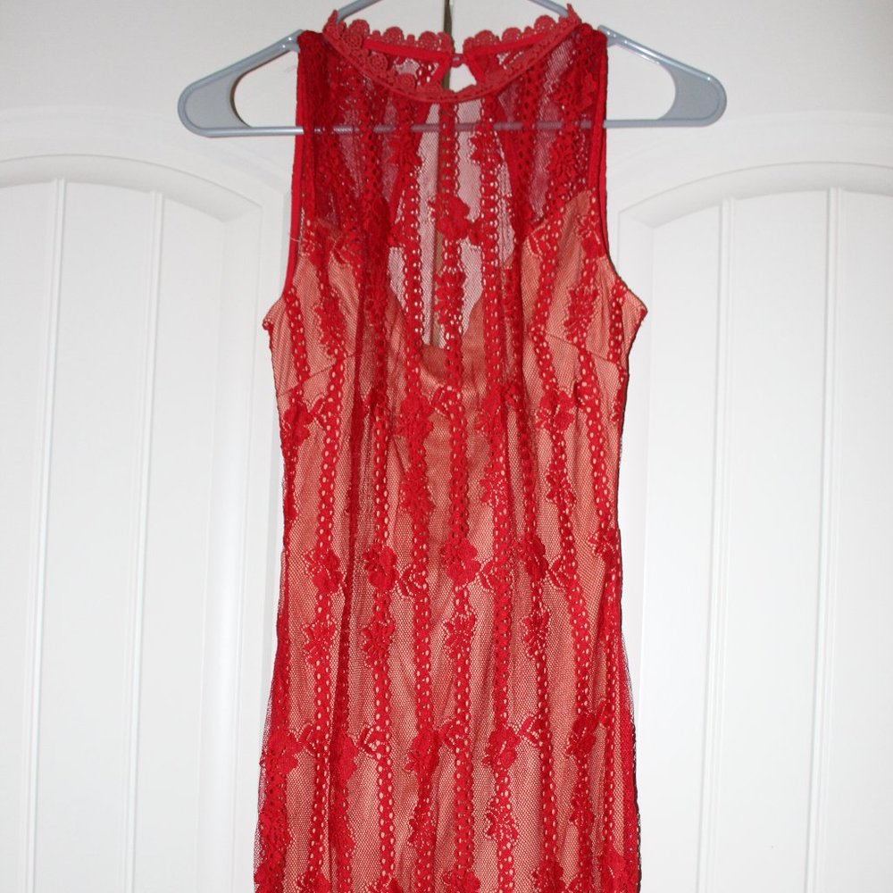 Red lace open back dress